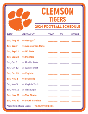 Clemson Tigers Football 2024
 Printable Schedule - Style 3