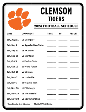 Clemson Tigers Football 2024
 Printable Schedule - Style 4