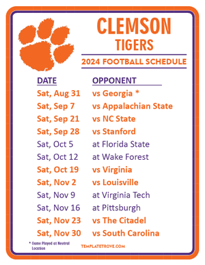 Clemson Tigers Football 2024
 Printable Schedule