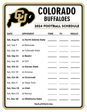 Colorado Buffaloes Football 2024
 Printable Schedule - Style 3