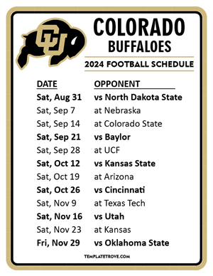 Colorado Buffaloes Football 2024
 Printable Schedule
