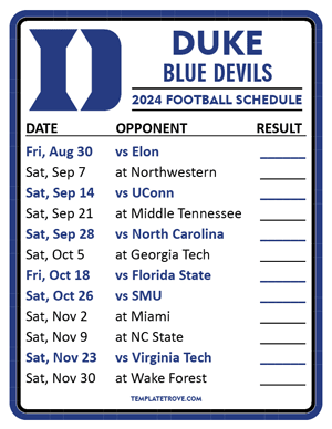 Duke Blue Devils Football 2024
 Printable Schedule  - Style 2