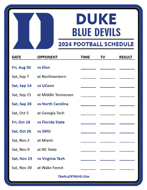 Duke Blue Devils Football 2024
 Printable Schedule - Style 3