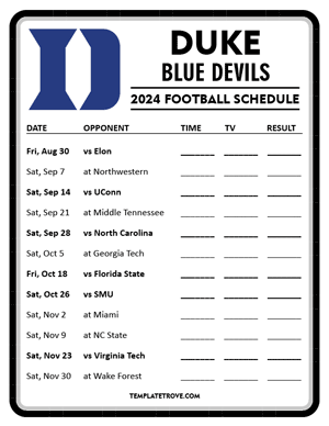 Duke Blue Devils Football 2024
 Printable Schedule - Style 4