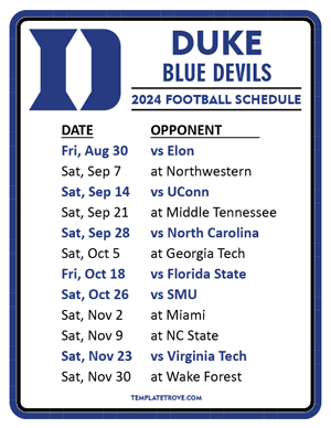 Duke Blue Devils Football 2024
 Printable Schedule