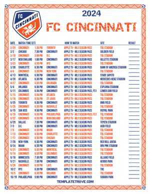 FC Cincinnati 2024
 Printable Soccer Schedule - Central Times