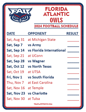 Florida Atlantic Owls

 Football 2024
 Printable Schedule  - Style 2