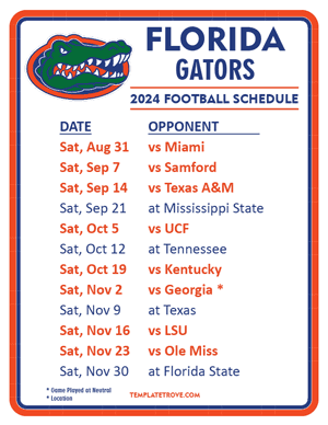 Florida Gators Football 2024
 Printable Schedule