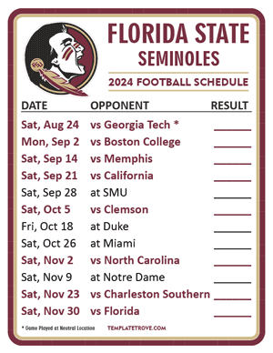 Florida State Seminoles Football 2024
 Printable Schedule  - Style 2