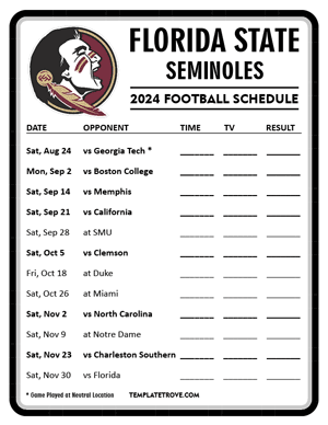 Florida State Seminoles Football 2024
 Printable Schedule - Style 4