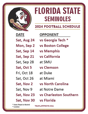 Florida State Seminoles Football 2024
 Printable Schedule