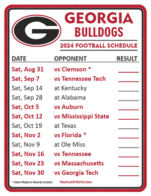 Georgia Bulldogs Football 2024
 Printable Schedule  - Style 2
