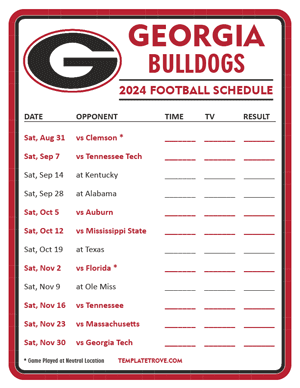 Georgia Bulldogs Football 2024
 Printable Schedule - Style 3