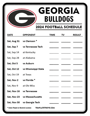 Georgia Bulldogs Football 2024
 Printable Schedule - Style 4