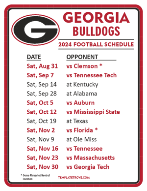 Georgia Bulldogs Football 2024
 Printable Schedule