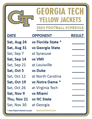 Georgia Tech Yellow Jackets Football 2024
 Printable Schedule  - Style 2