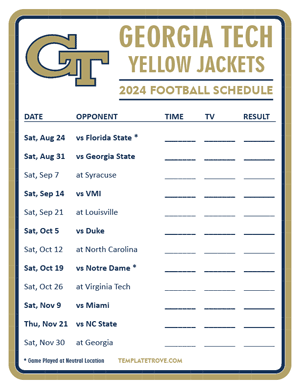 Georgia Tech Yellow Jackets Football 2024
 Printable Schedule - Style 3