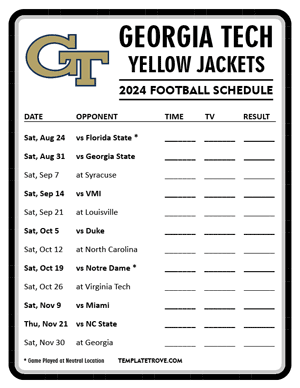 Georgia Tech Yellow Jackets Football 2024
 Printable Schedule - Style 4