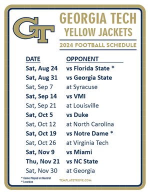 Georgia Tech Yellow Jackets Football 2024
 Printable Schedule