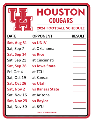 Houston Cougars Football 2024
 Printable Schedule  - Style 2