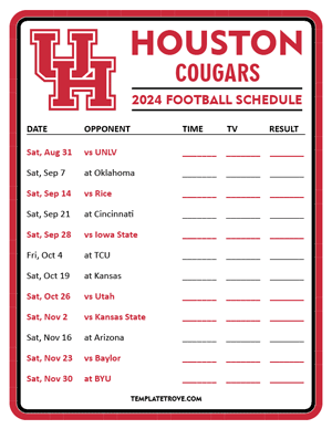 Houston Cougars Football 2024
 Printable Schedule - Style 3