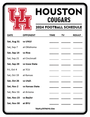 Houston Cougars Football 2024
 Printable Schedule - Style 4