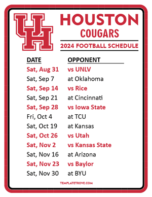 Houston Cougars Football 2024
 Printable Schedule