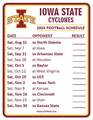Iowa State Cyclones Football 2024
 Printable Schedule  - Style 2