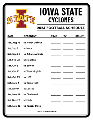 Iowa State Cyclones Football 2024
 Printable Schedule - Style 4