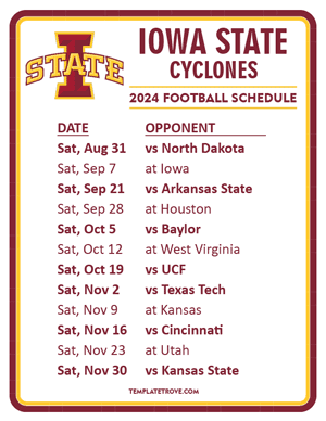 Iowa State Cyclones Football 2024
 Printable Schedule