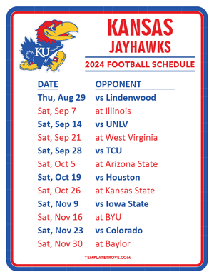 Kansas Jayhawks Football 2024
 Printable Schedule