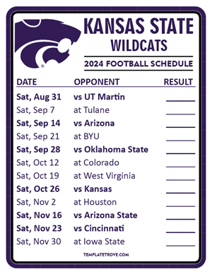 Kansas State Wildcats Football 2024
 Printable Schedule  - Style 2
