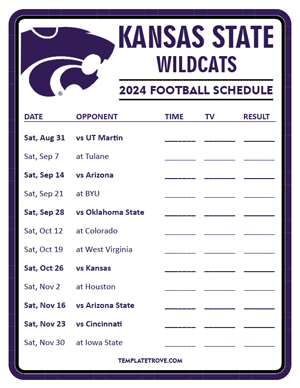 Kansas State Wildcats Football 2024
 Printable Schedule - Style 3