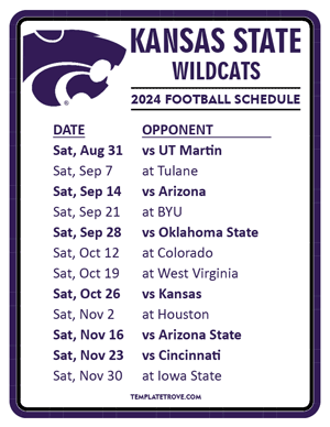 Kansas State Wildcats Football 2024
 Printable Schedule