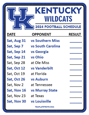 Kentucky Wildcats Football 2024
 Printable Schedule  - Style 2