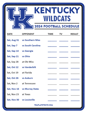 Kentucky Wildcats Football 2024
 Printable Schedule - Style 3
