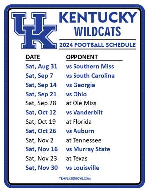 Kentucky Wildcats Football 2024
 Printable Schedule