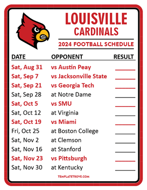 Louisville Cardinals Football 2024
 Printable Schedule  - Style 2