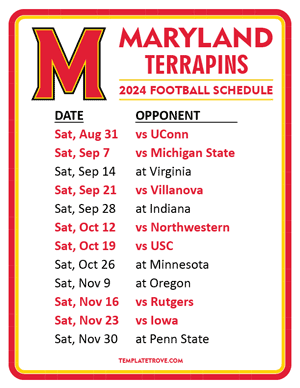 Maryland Terrapins Football 2024
 Printable Schedule