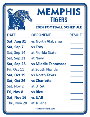 Memphis Tigers Football 2024
 Printable Schedule  - Style 2