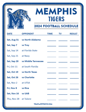 Memphis Tigers Football 2024
 Printable Schedule - Style 3