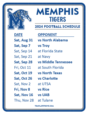 Memphis Tigers Football 2024
 Printable Schedule