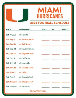 Miami Hurricanes Football 2024
 Printable Schedule - Style 3