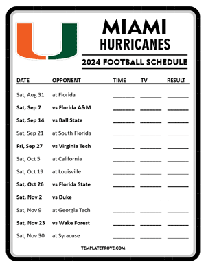 Miami Hurricanes Football 2024
 Printable Schedule - Style 4