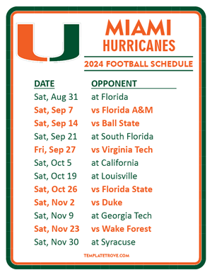Miami Hurricanes Football 2024
 Printable Schedule
