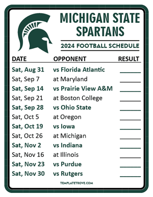Michigan State Spartans Football 2024
 Printable Schedule  - Style 2