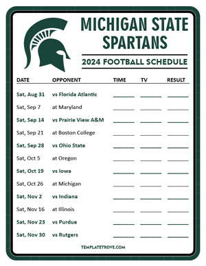 Michigan State Spartans Football 2024
 Printable Schedule - Style 3