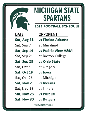Michigan State Spartans Football 2024
 Printable Schedule