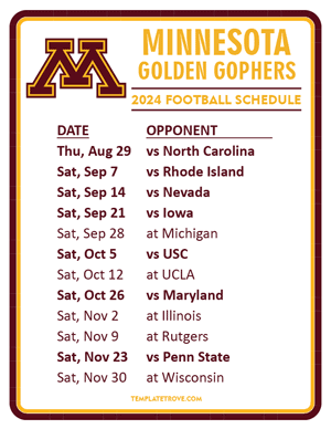 Minnesota Golden Gophers Football 2024
 Printable Schedule