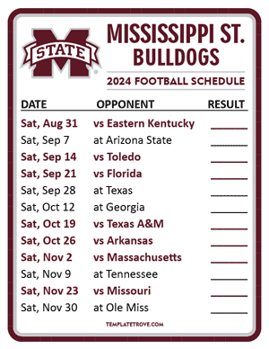 Mississippi State Bulldogs Football 2024
 Printable Schedule  - Style 2